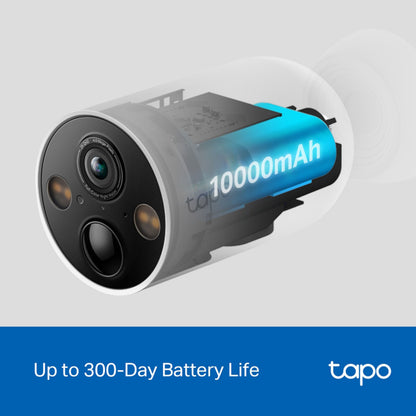 TP-Link Tapo C425 overvågningskamera Wi-fi 2-pakke, cutaway med blå 10.000mAh batteri, "Op til 300 dages batterilevetid", logo.
