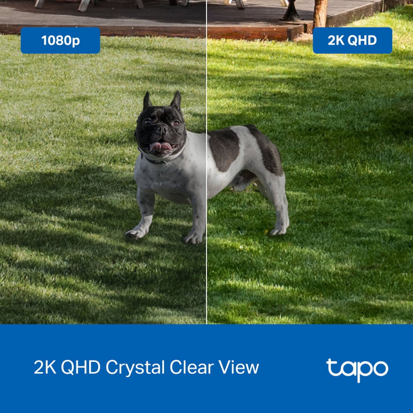 TP-Link Tapo C425 Overvågningskamera Wi-fi 2-pakke side-by-side 1080p mod 2K QHD, tekst: 2K QHD Crystal Clear View, Tp-Link logo.