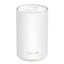 TP-Link Deco X10-4G 4G+ router AX1500, hvid cylinder, Deco 4G+ logo, Wifi 6, grøn LED.
