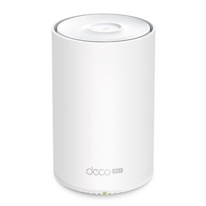 TP-Link Deco X10-4G 4G+ router AX1500, hvid cylinder, Deco 4G+ logo, Wifi 6, grøn LED.