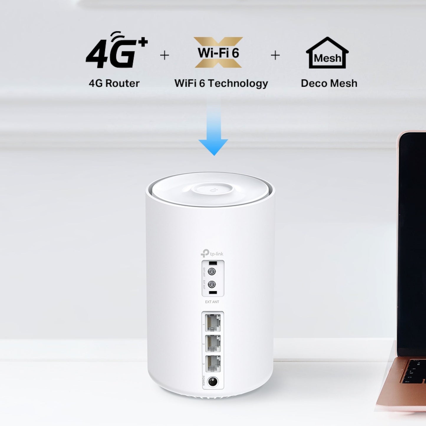 TP-Link X10-4G AX1500 Wifi 6 mesh router hvid, synlige ikoner for 4G+ modem, Wifi 6 og Mesh-funktion.