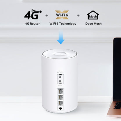 TP-Link X10-4G AX1500 Wifi 6 mesh router hvid, synlige ikoner for 4G+ modem, Wifi 6 og Mesh-funktion.
