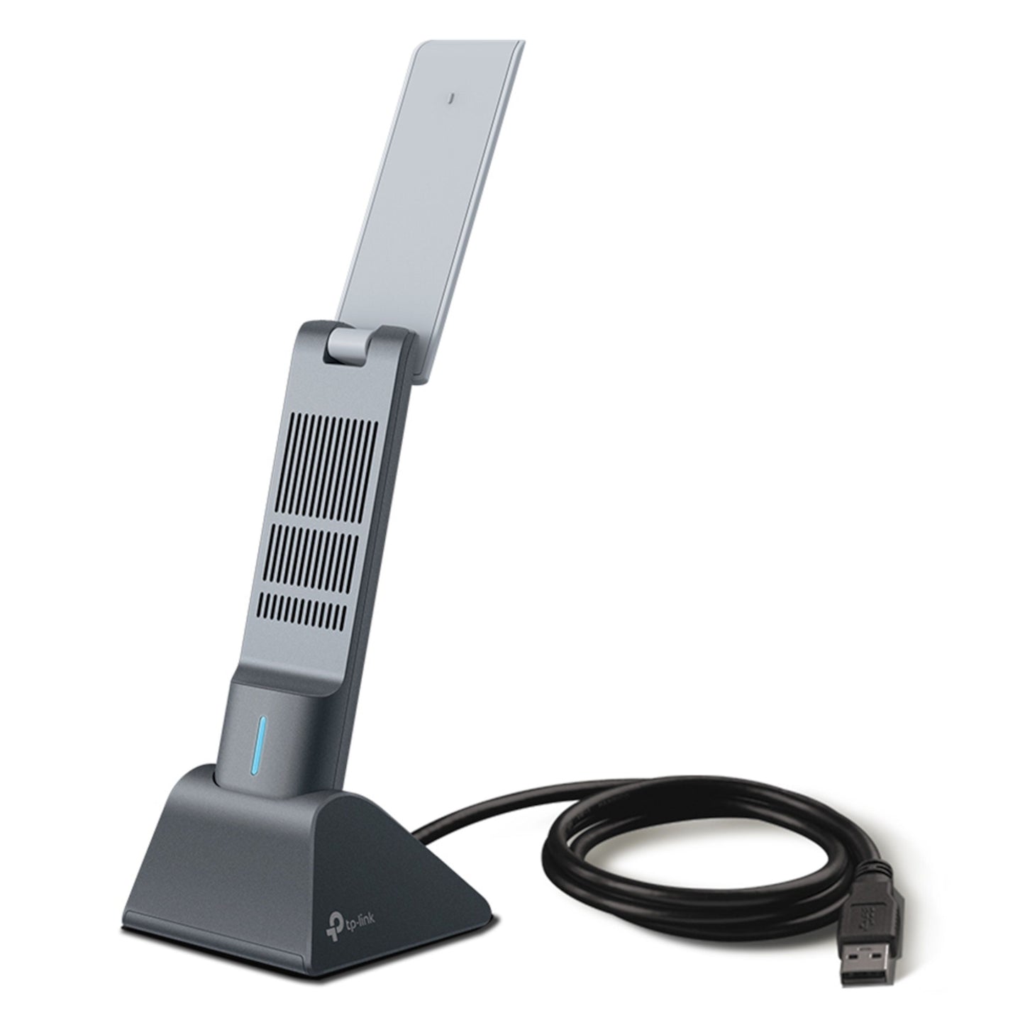 TP-Link Archer TX20UH trådløst USB-netværkskort AX1800 sort/sølv med fod, lang spiralformet USB-kabel, blå LED, ventilation.