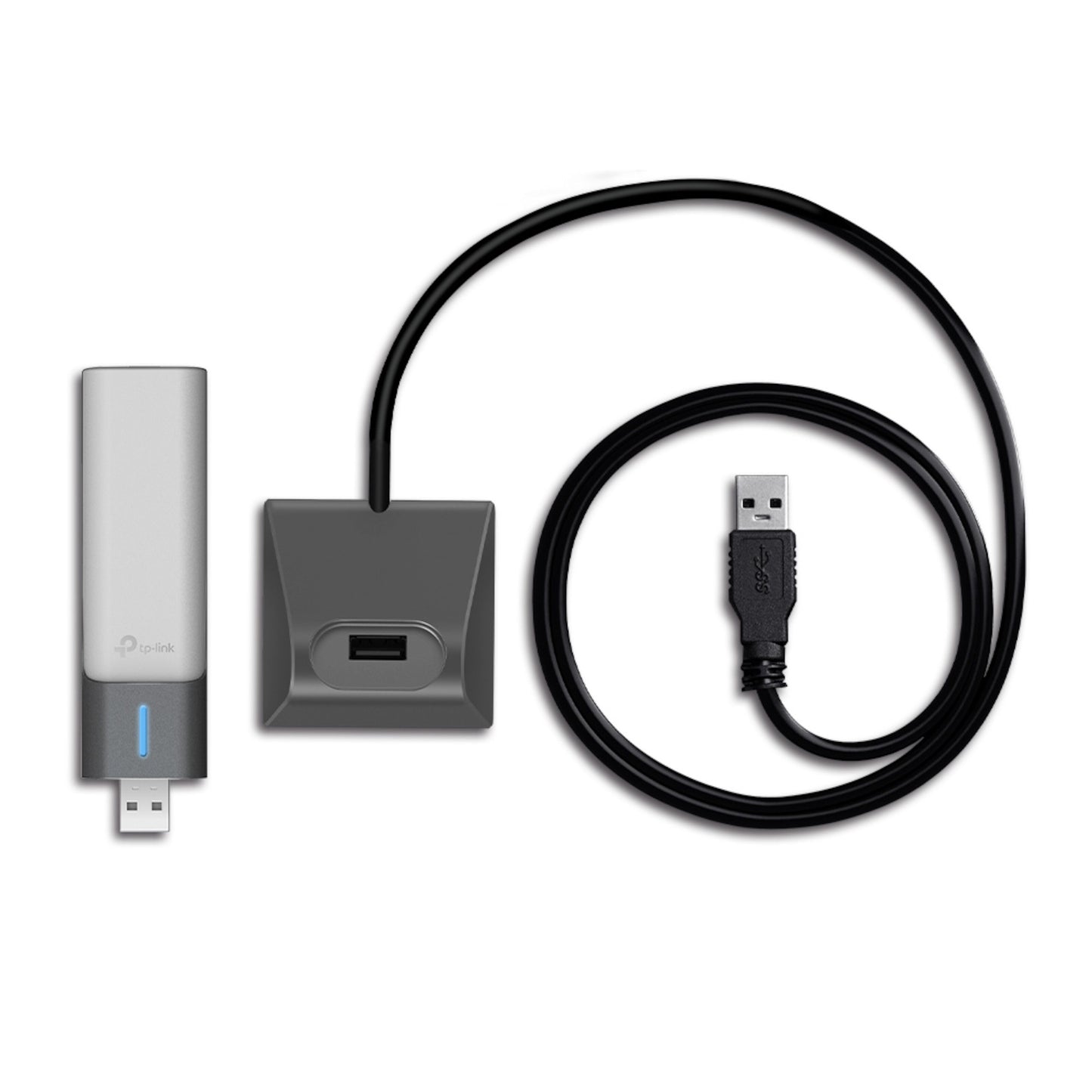 TP-Link Archer TX20UH trådløst USB-netværkskort AX1800, sort firkantet extender-base med port og lang sort USB-kabel.
