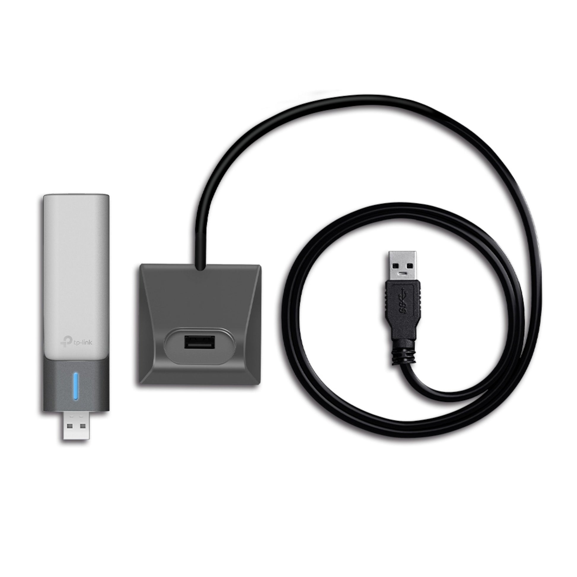 TP-Link Archer TX20UH trådløst USB-netværkskort AX1800, sort firkantet extender-base med port og lang sort USB-kabel.