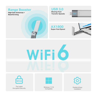TP-Link Archer TX20UH AX1800 trådløst USB-netværkskort med high-gain antenner, WPA3, Windows 11/10 support.