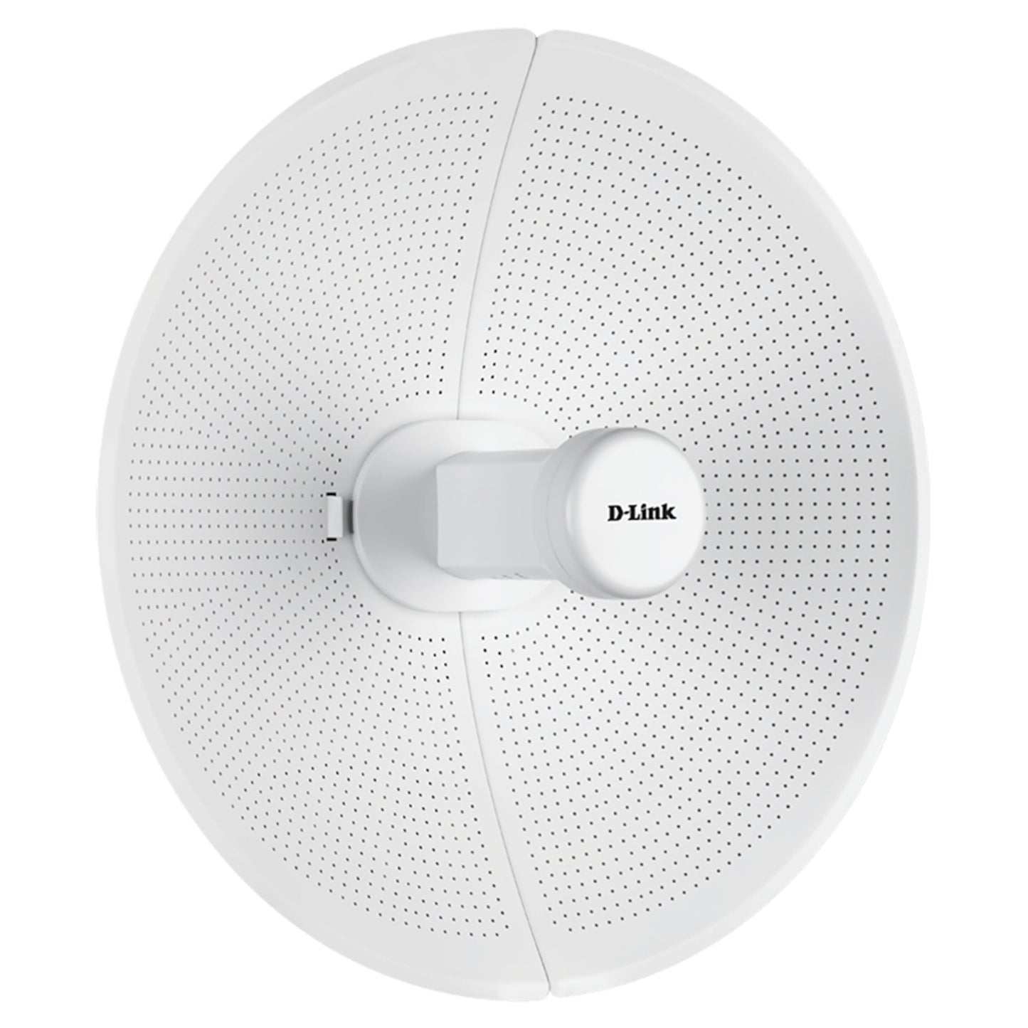 Dlink DAP-3712 rund hvid radiolink accesspoint 867 Mb/s, perforeret overflade og centerbeslag, set forfra.