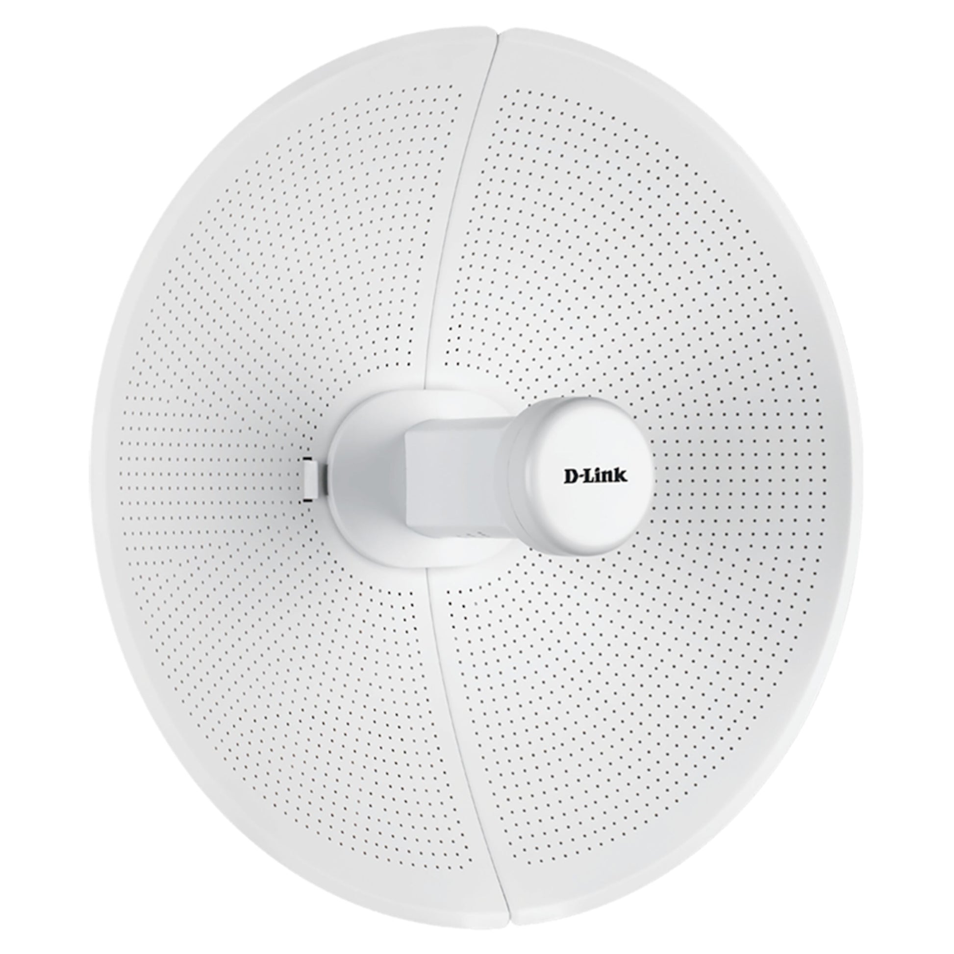 Dlink DAP-3712 rund hvid radiolink accesspoint 867 Mb/s, perforeret overflade og centerbeslag, set forfra.