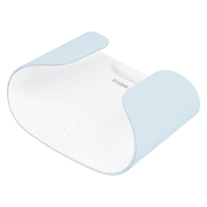 D-Link M30 Aquila Pro AI Mesh-router AX3000 vægbeslag i hvid og lyseblå plast til små enheder, set fra skrå topvinkel.