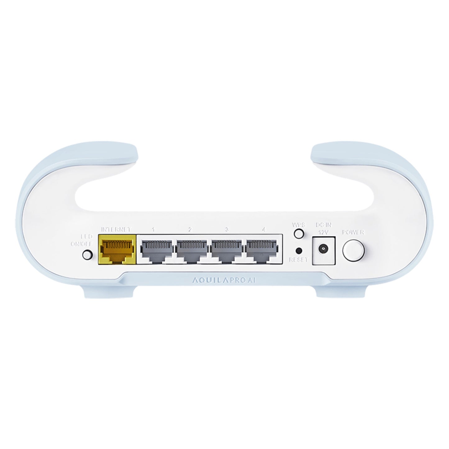 D-Link M30 Aquila Pro AI Mesh-router AX3000 Wi-Fi 6 bagside med 4 ethernet-porte, gul WAN-port, strøm, WPS og 2 antenner.