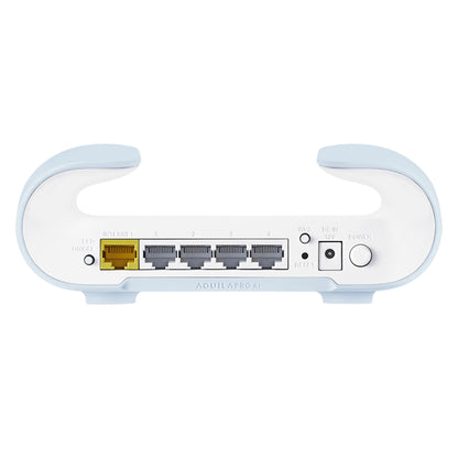 D-Link M30 Aquila Pro AI Mesh-router AX3000 Wi-Fi 6 bagside med 4 ethernet-porte, gul WAN-port, strøm, WPS og 2 antenner.