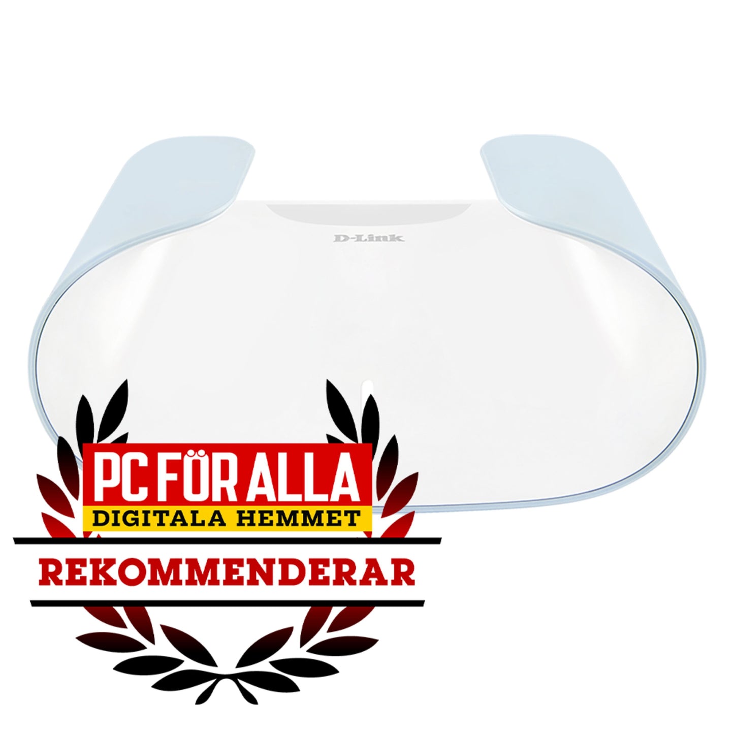 Dlink M30 Aquila Pro AI Mesh-router AX3000 hvid med lyseblå sider, modelnavn og badge med laurbær på fronten.
