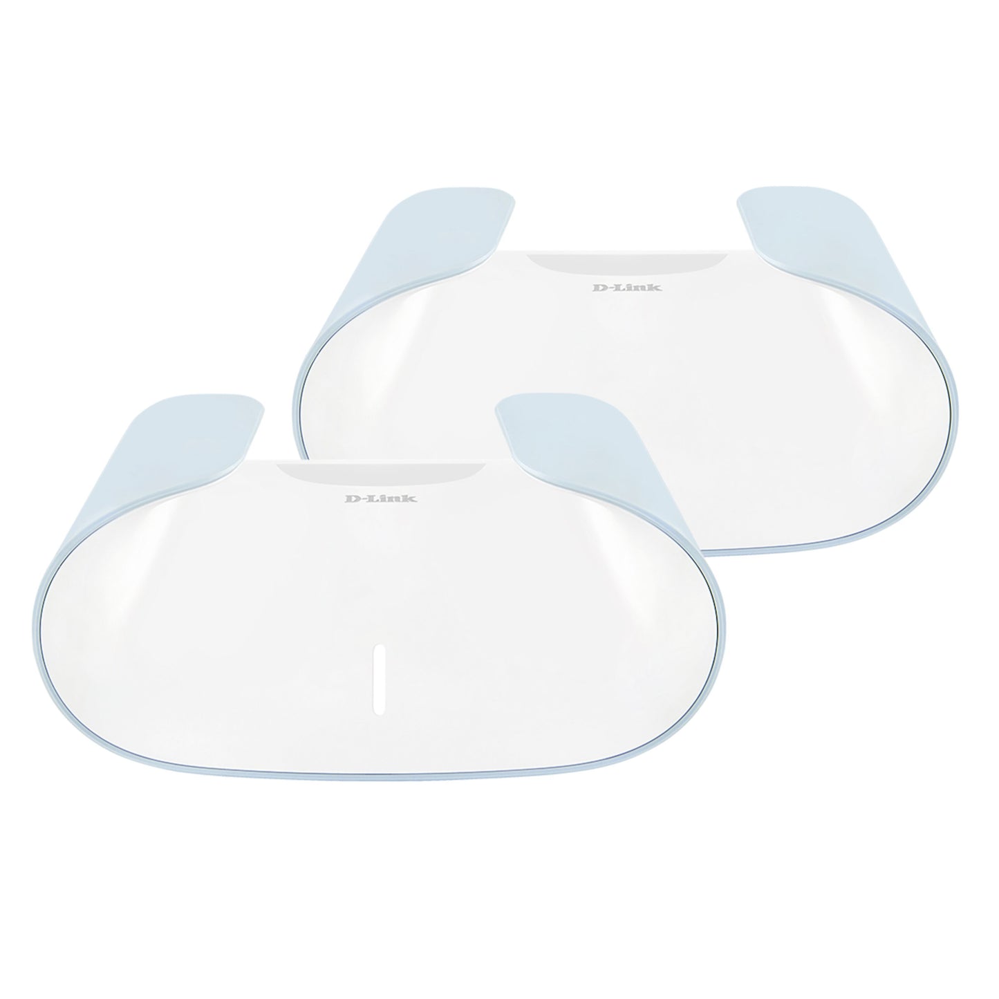 Dlink M30-2 Aquila Pro AI Mesh-system AX3000 2-pack på to buede gennemsigtige væghylder med lyseblå detaljer og kabeludgang.