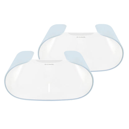 Dlink M30-2 Aquila Pro AI Mesh-system AX3000 2-pack på to buede gennemsigtige væghylder med lyseblå detaljer og kabeludgang.