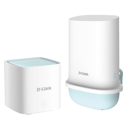 Dlink DWP-1010KT CPE 5G-router og AX1500 wifi-router, hvid, kubeformet og høj model med Dlink-logo, mesh-understøttelse.
