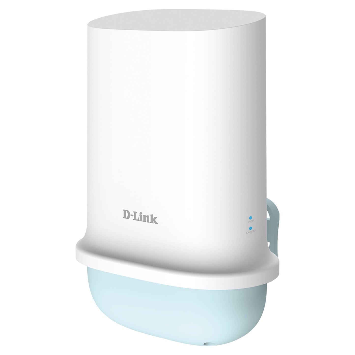 Dlink DWP-1010KT 5G WiFi 6 AX1500 router, hvid/blå, afrundet rektangulær, Dlink-logo foran, sideindikatorlys.