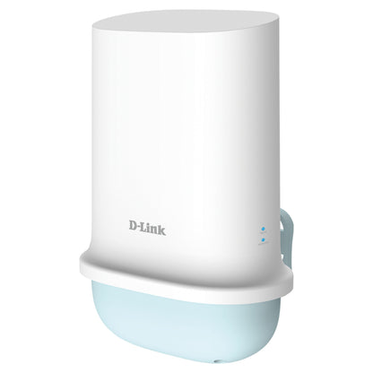 Dlink DWP-1010KT 5G WiFi 6 AX1500 router, hvid/blå, afrundet rektangulær, Dlink-logo foran, sideindikatorlys.