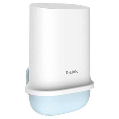 D-Link DWP-1010KT 5G CPE og WiFi 6 AX1500 router i hvid og lyseblå med afrundede kanter.