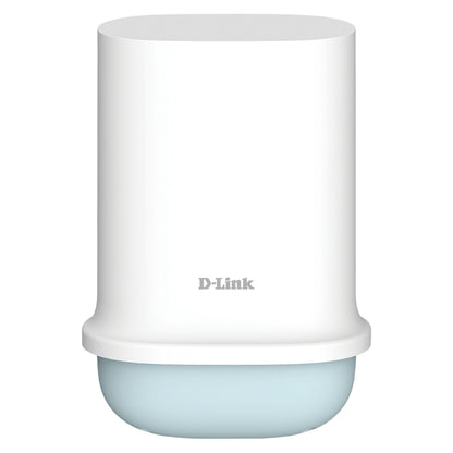 Dlink DWP-1010KT hvid cylindrisk 5G-router og WiFi-router AX1500, afrundede kanter, lyseblå base, WiFi 6.