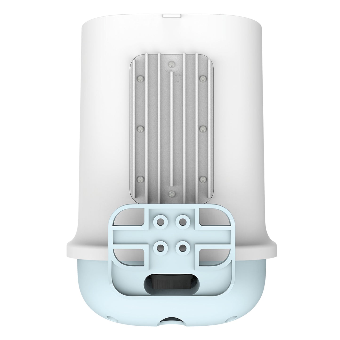 D-Link DWP-1010KT CPE 5G-router AX1500 hvid, sølv ventileret køleplade, lyseblå monteringsbeslag, bagfra.