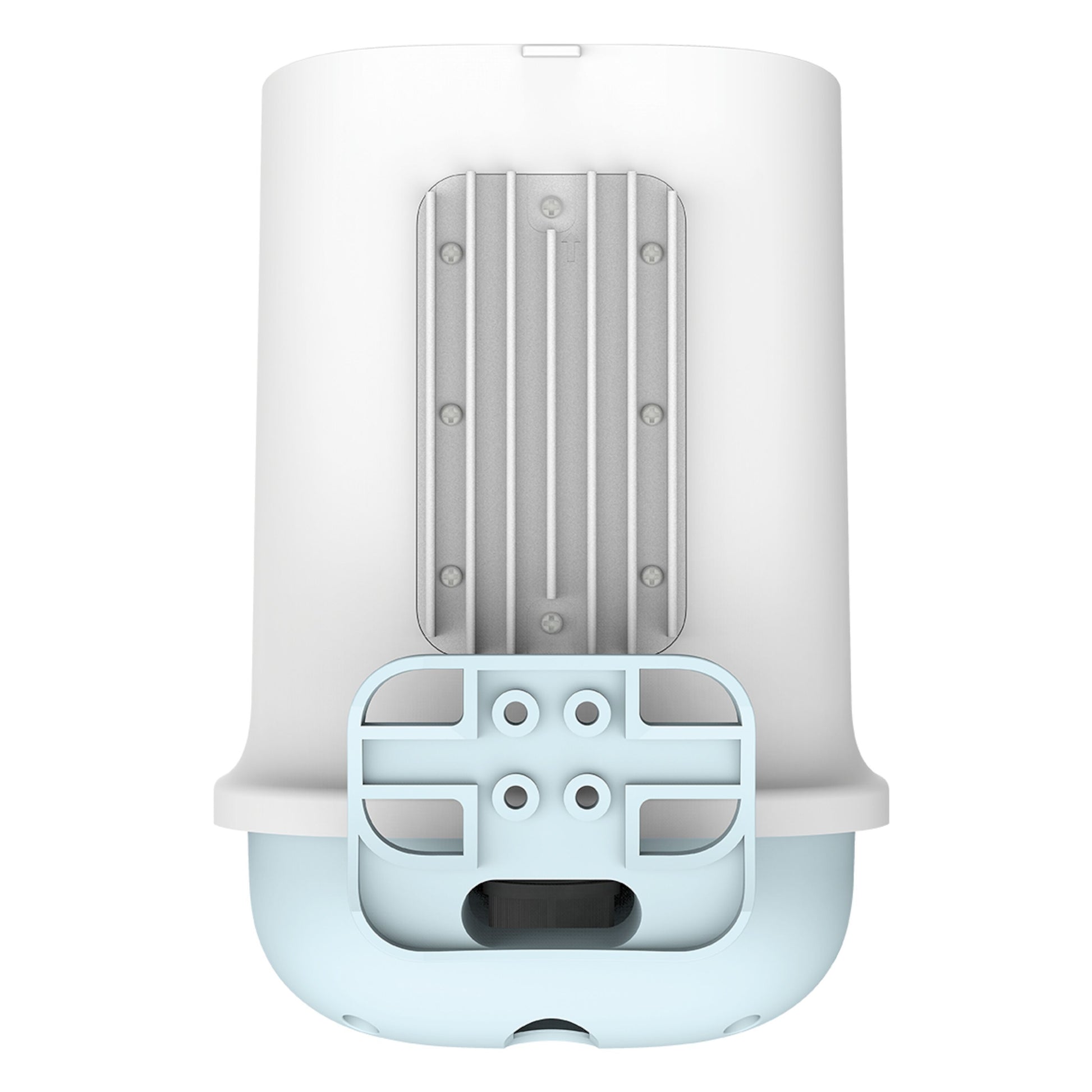D-Link DWP-1010KT CPE 5G-router AX1500 hvid, sølv ventileret køleplade, lyseblå monteringsbeslag, bagfra.