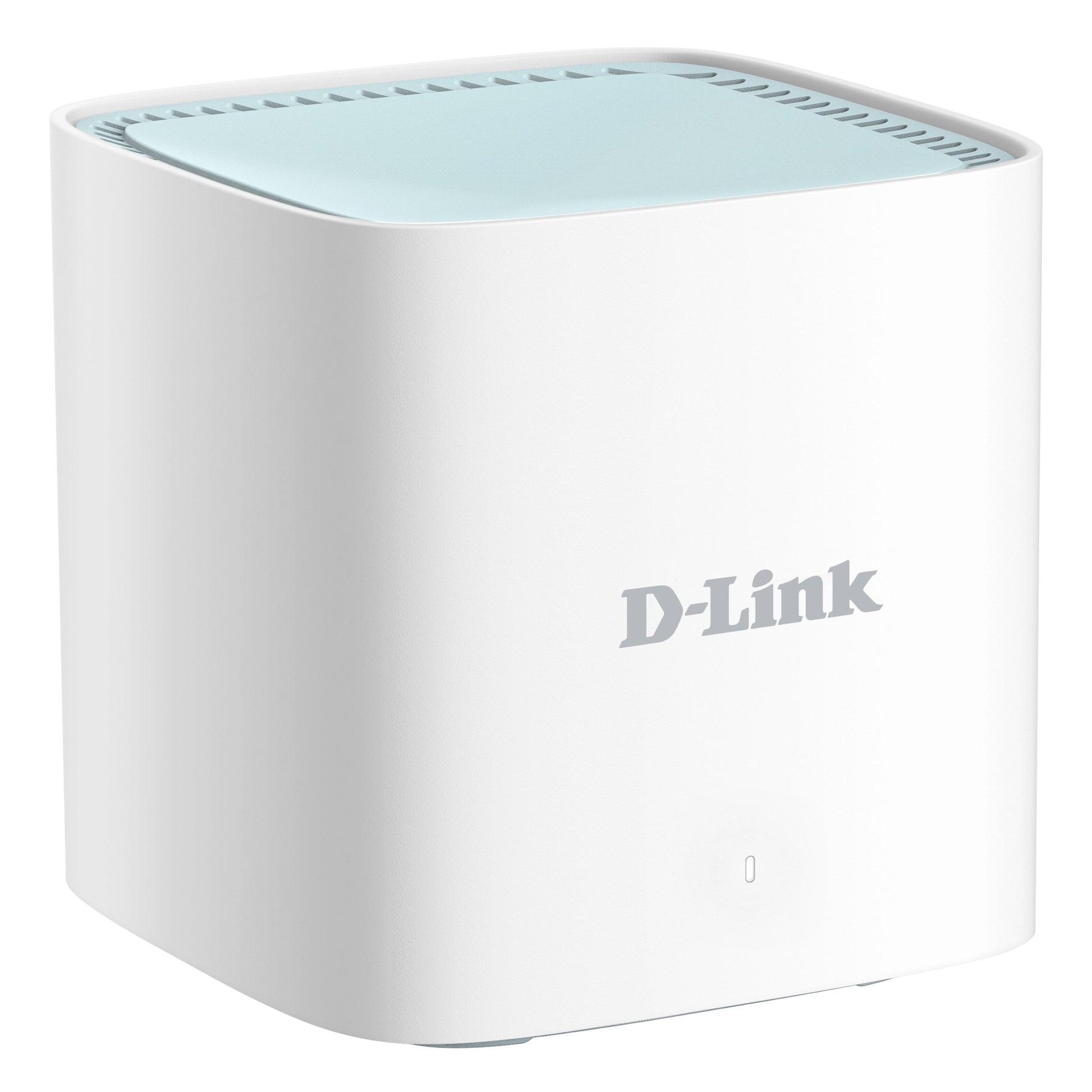 D-Link DWP-1010KT 5G-router AX1500, hvid kubeform, lyseblå top og frontlogo.