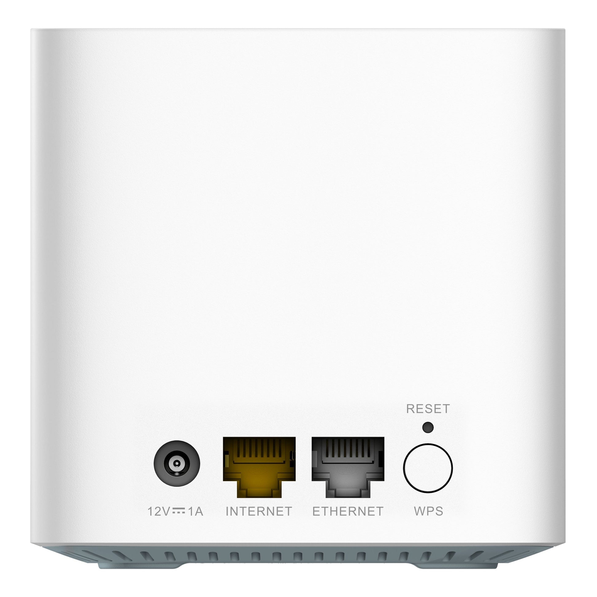 D-Link DWP-1010KT 5G og AX1500 WiFi 6 router i hvid med port til strøm, internet, ethernet, reset og WPS bagpå.