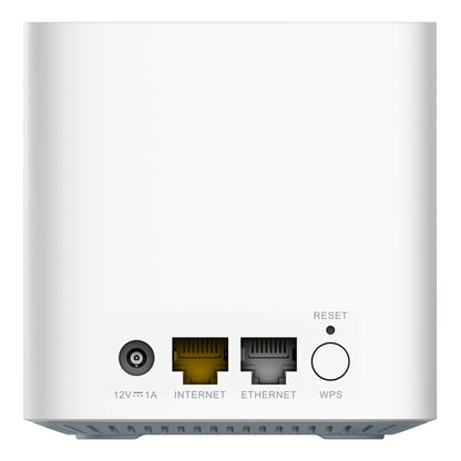D-Link DWP-1010KT 5G og AX1500 WiFi 6 router i hvid med port til strøm, internet, ethernet, reset og WPS bagpå.