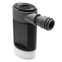 Luxorparts Solcellepumpe med lygte og powerbank, sort/grå bærbar inflator med rillet slange og hvid base.