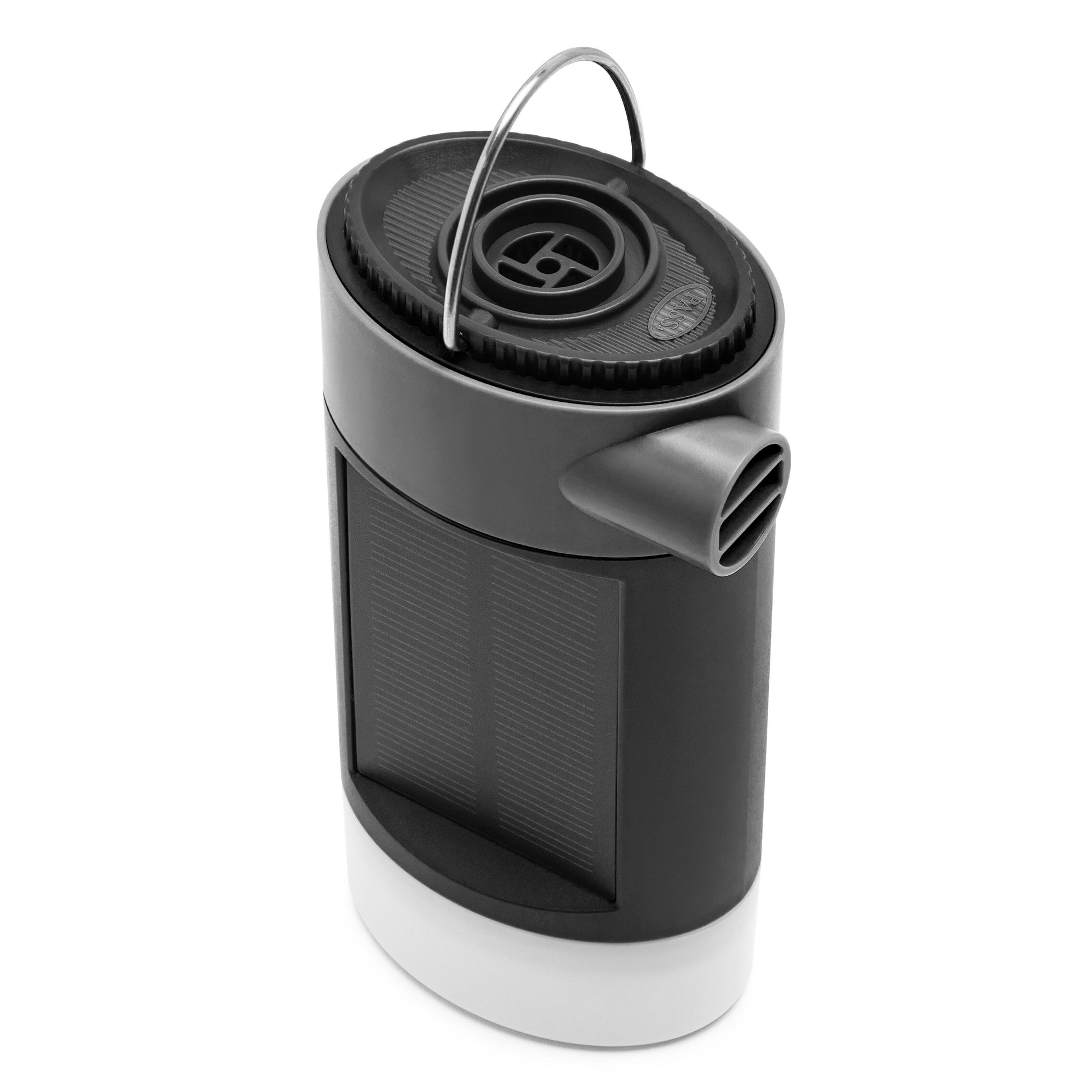 Solcellepumpe med lygte- og powerbank-funktion, sort/grå, udløbstud, håndtag, vindue, LED-lys og indbygget powerbank.