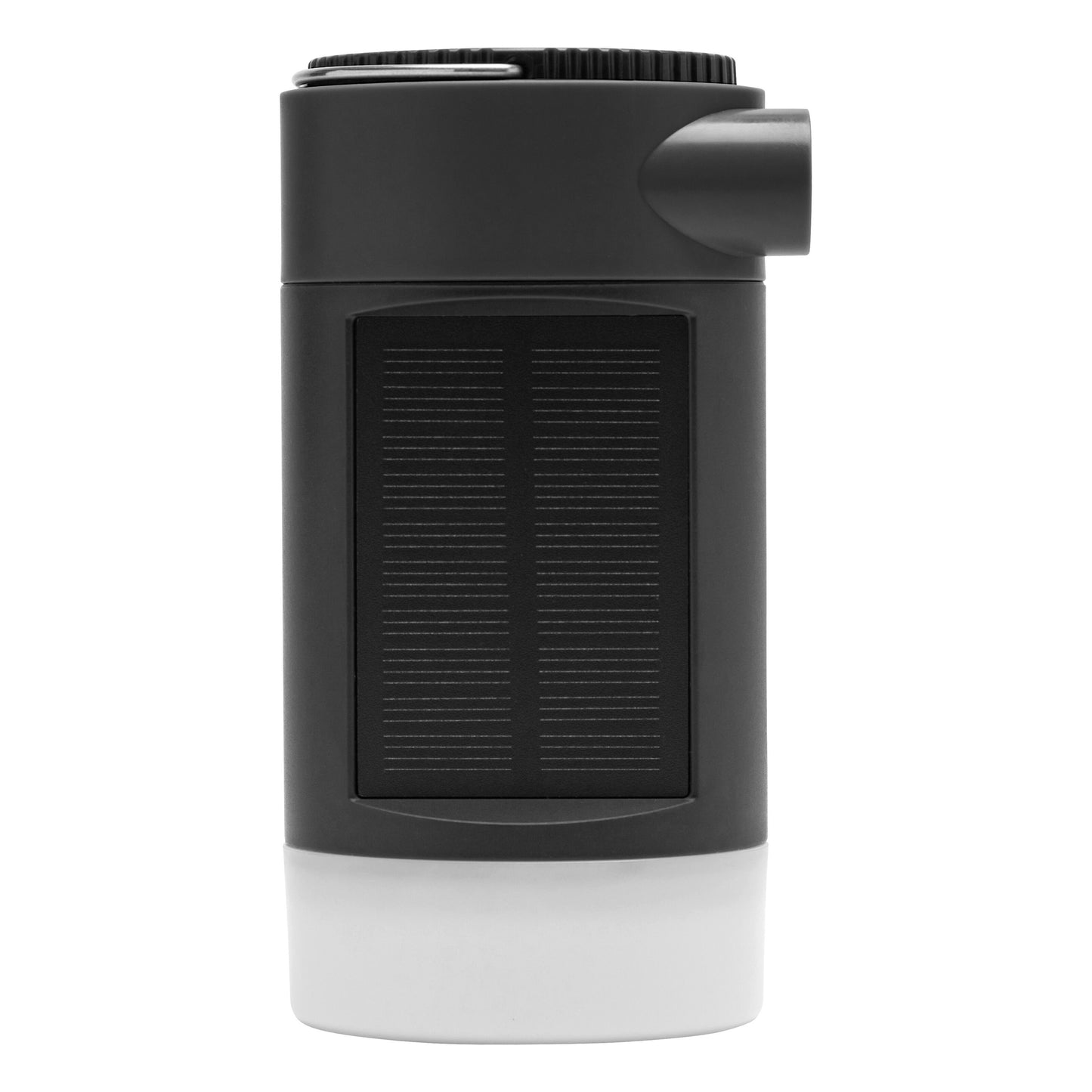 Solcellepumpe med lygte og powerbank, sort, front solpanel, topknap og hvid halvgennemsigtig bund.