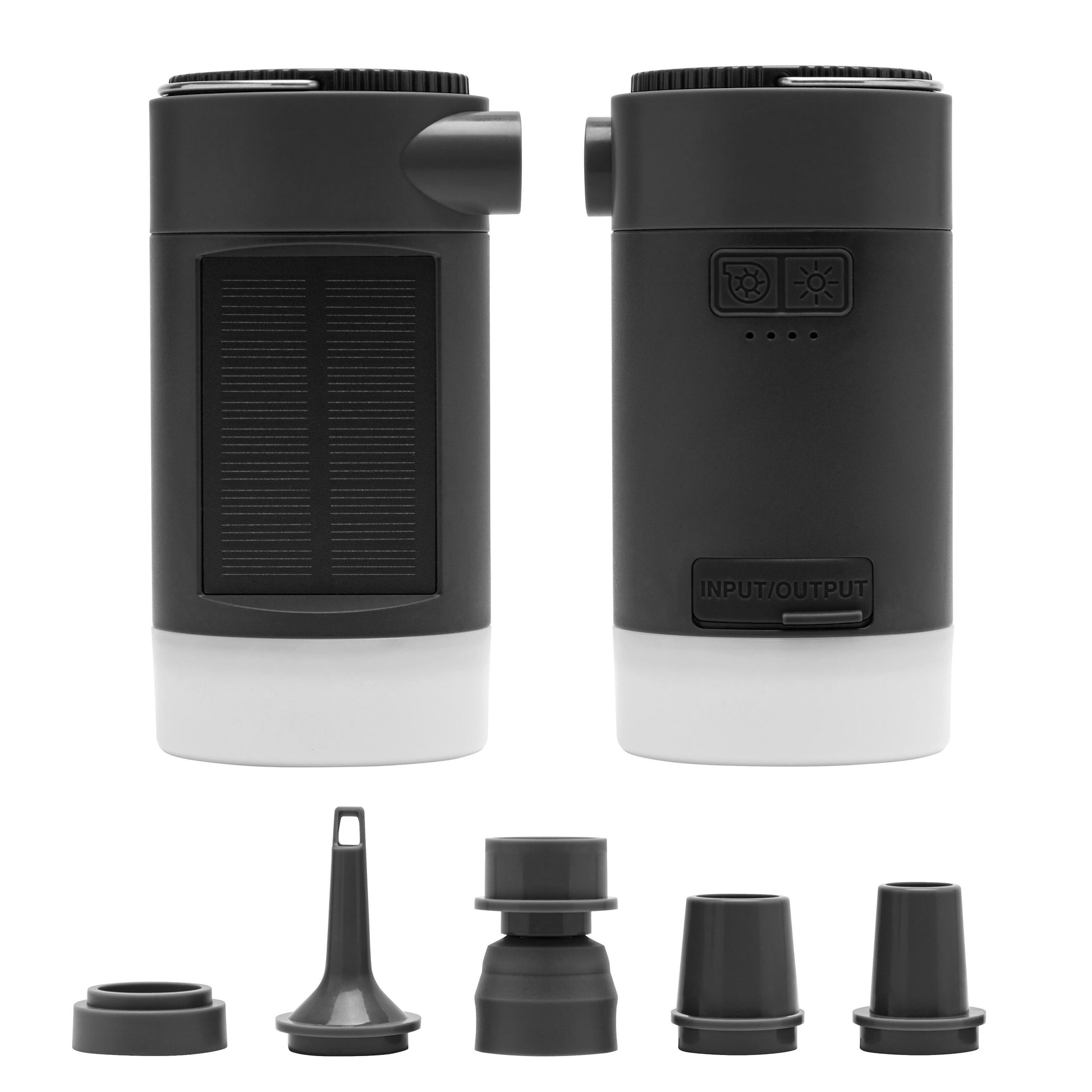 Luxorparts solcellepumpe med lygte og powerbank i sort, solpaneler, kontrolknapper, 6 udskiftelige dyser.