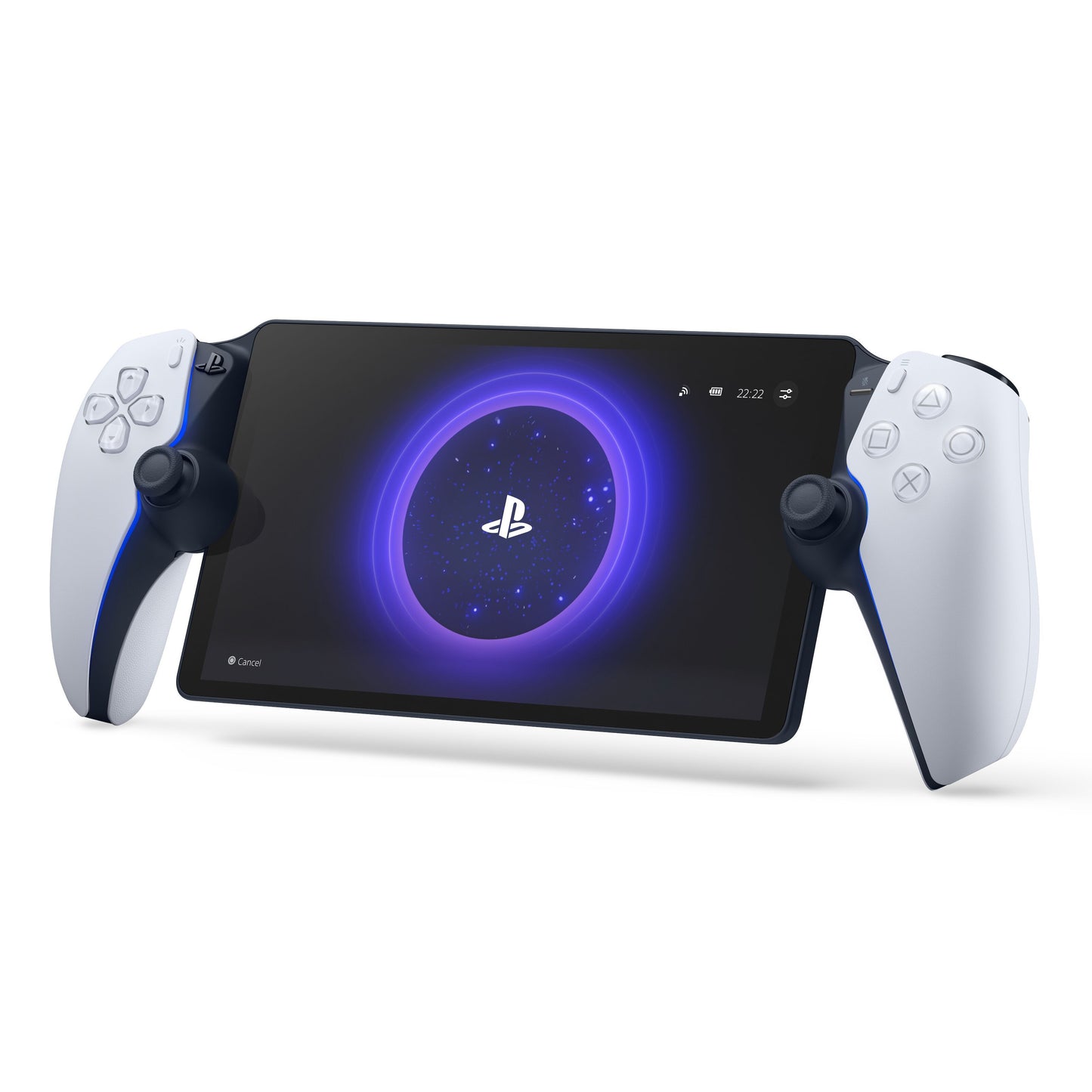 Sony PlayStation Portal Fjernspiller håndholdt med stor skærm, hvide controllere og PlayStation-logo, til PlayStation 5.