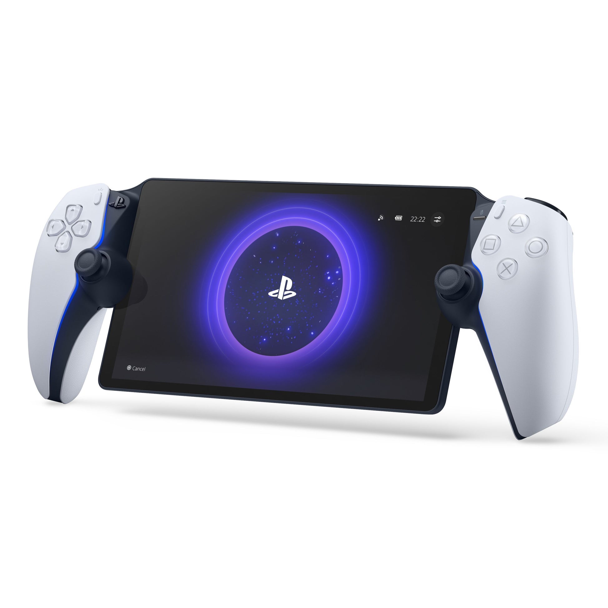 Sony PlayStation Portal Fjernspiller håndholdt med stor skærm, hvide controllere og PlayStation-logo, til PlayStation 5.