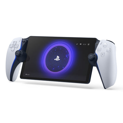 Sony PlayStation Portal Fjernspiller håndholdt med stor skærm, hvide controllere og PlayStation-logo, til PlayStation 5.