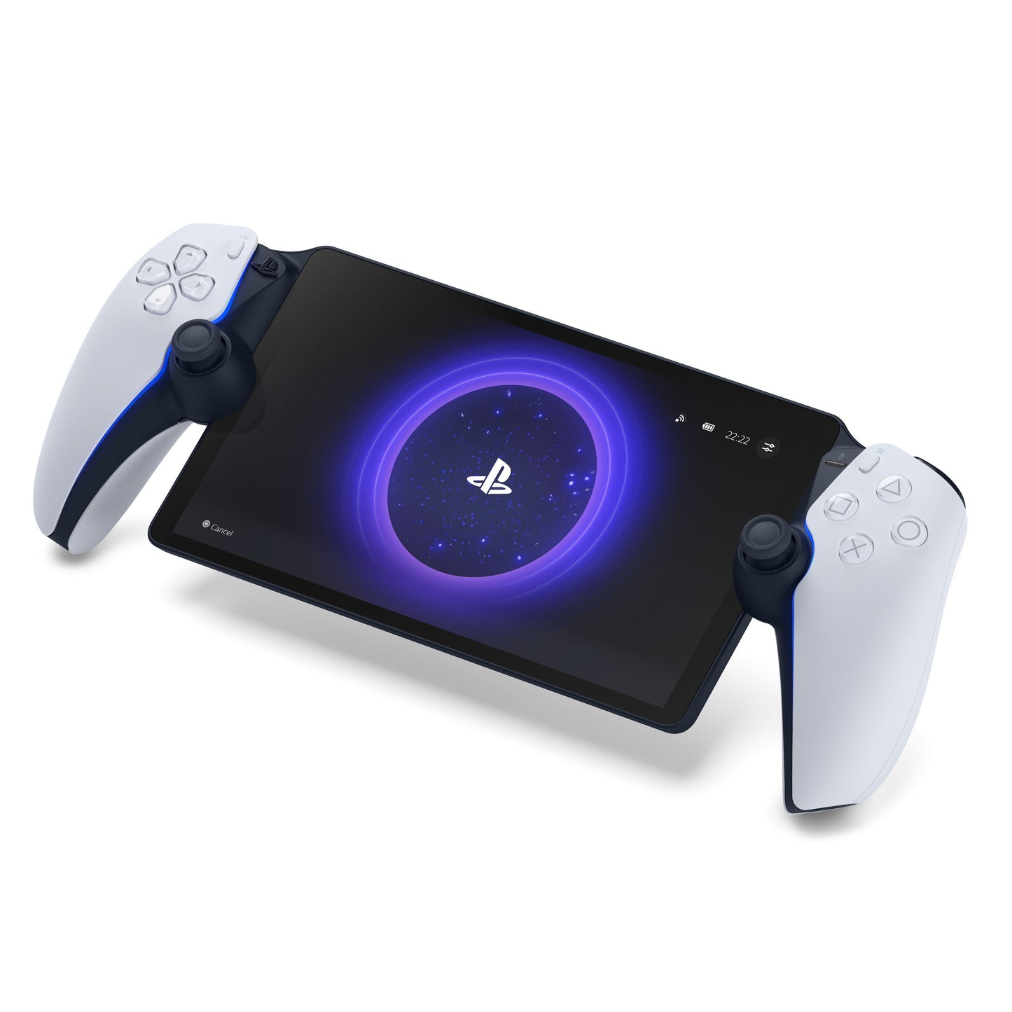 Sony PlayStation Portal Fjernspiller håndholdt enhed med stor skærm og hvide PlayStation-kontroller til PS5 fjernspil.