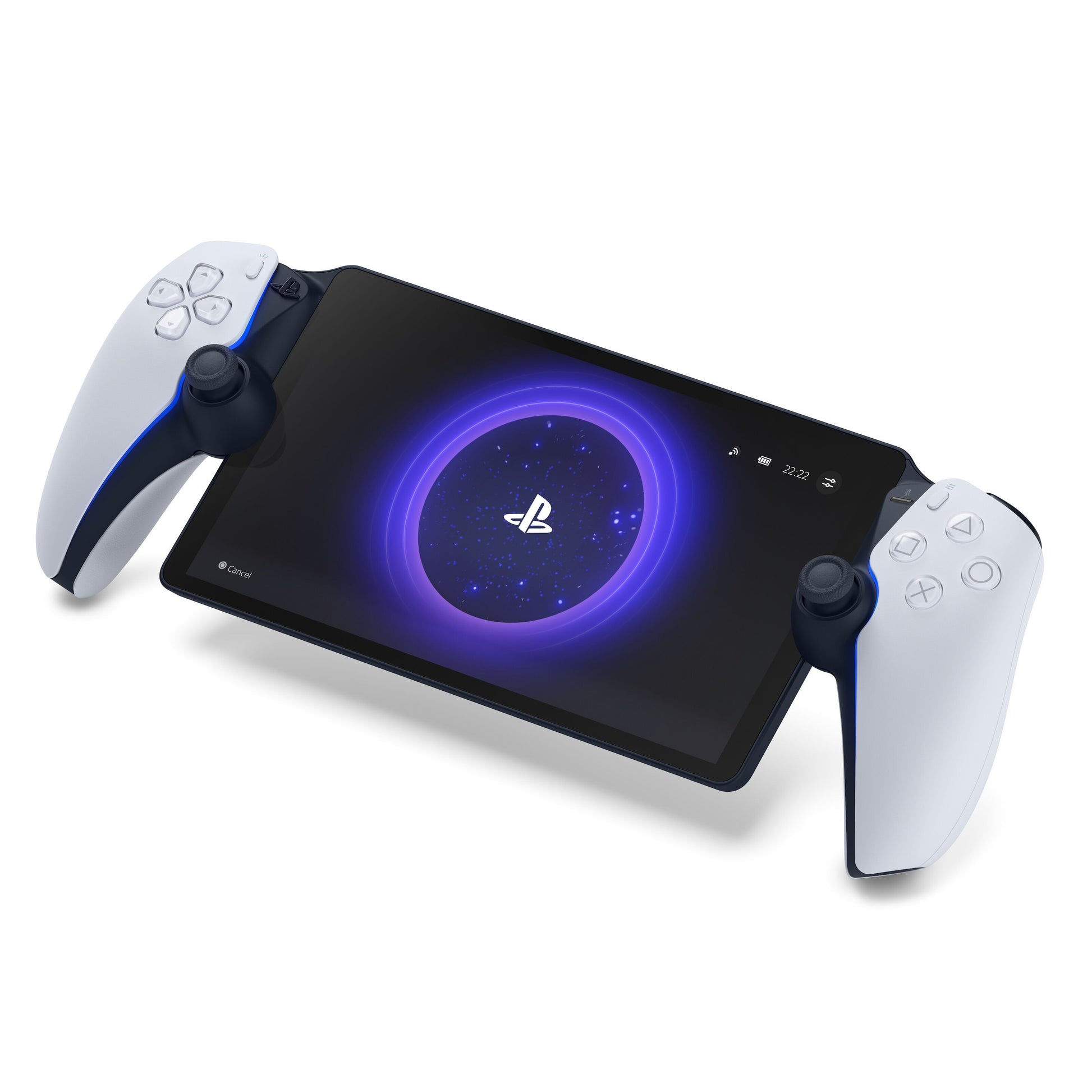 Sony PlayStation Portal Fjernspiller håndholdt enhed med stor skærm og hvide PlayStation-kontroller til PS5 fjernspil.