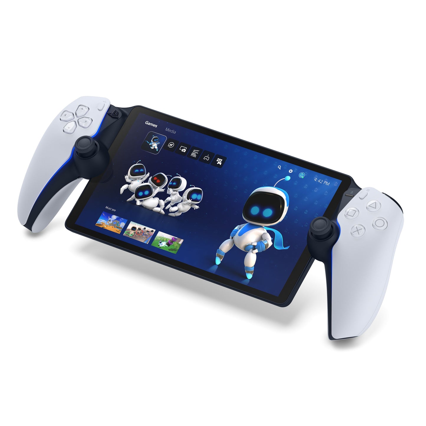 Sony Playstation Portal Fjernspiller håndholdt enhed med skærm, sort/hvid controller og PS5 fjernspil-menu vises.