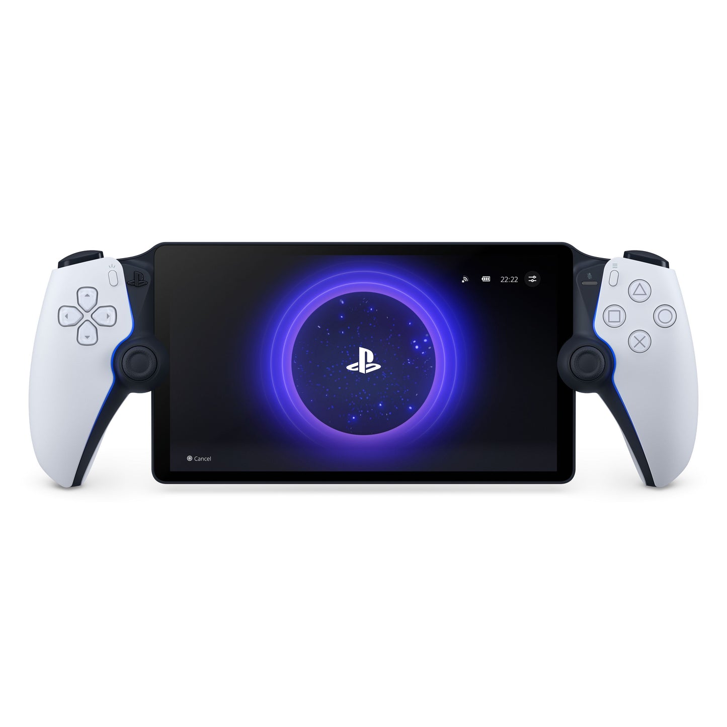 PlayStation Portal Fjernspiller håndholdt med skærm, fastmonterede controllere og PlayStation-logo til PS5 fjernspil.