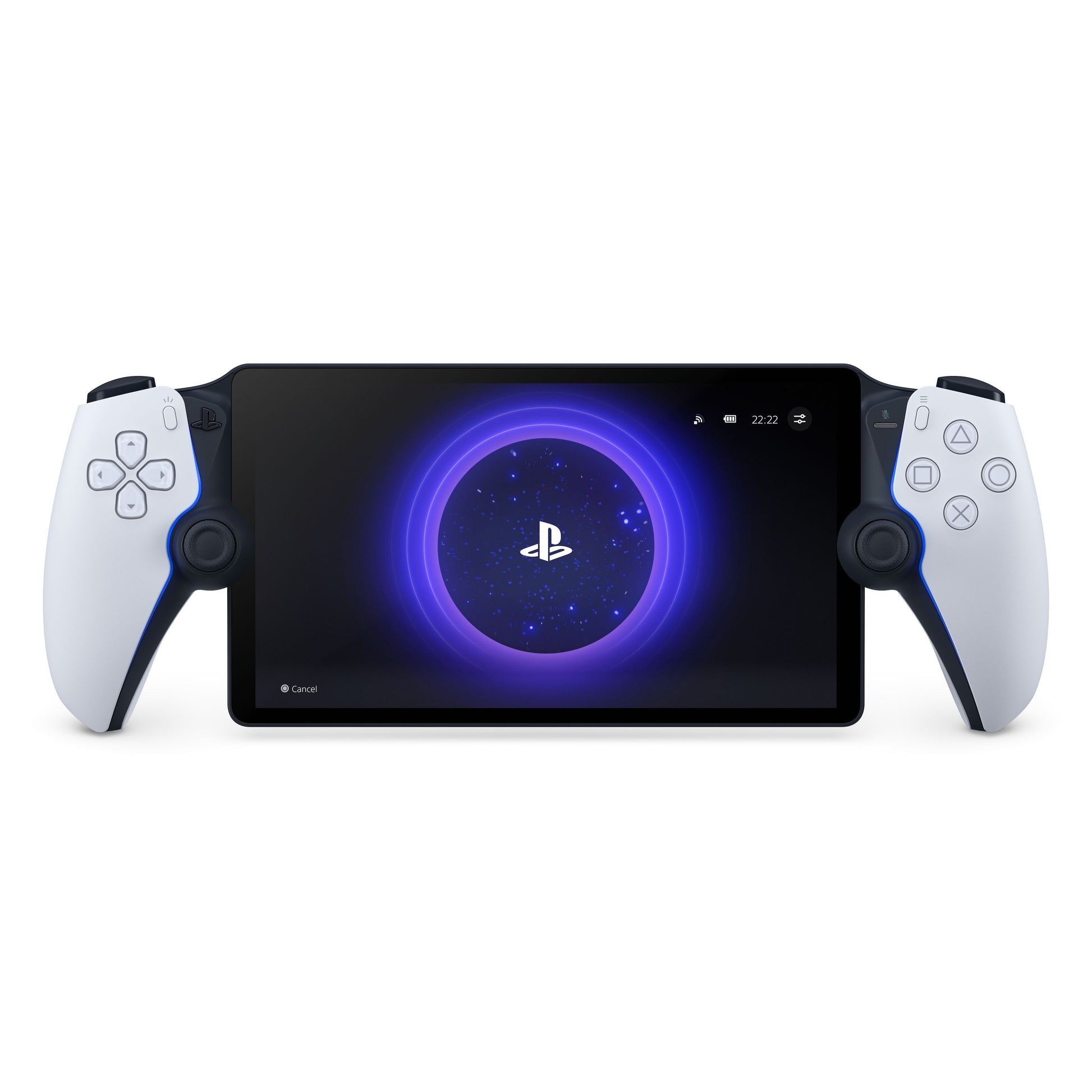 PlayStation Portal Fjernspiller håndholdt med skærm, fastmonterede controllere og PlayStation-logo til PS5 fjernspil.