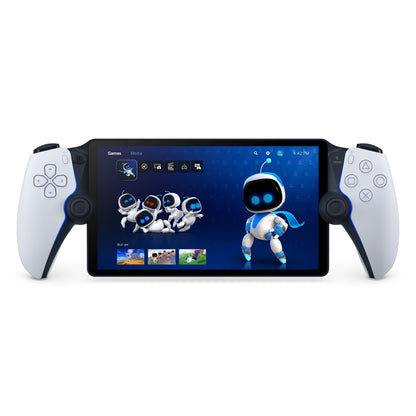 Sony Playstation Portal Fjernspiller håndholdt konsol med hvide controllere, blå accentlys, skærm med karaktervalg.