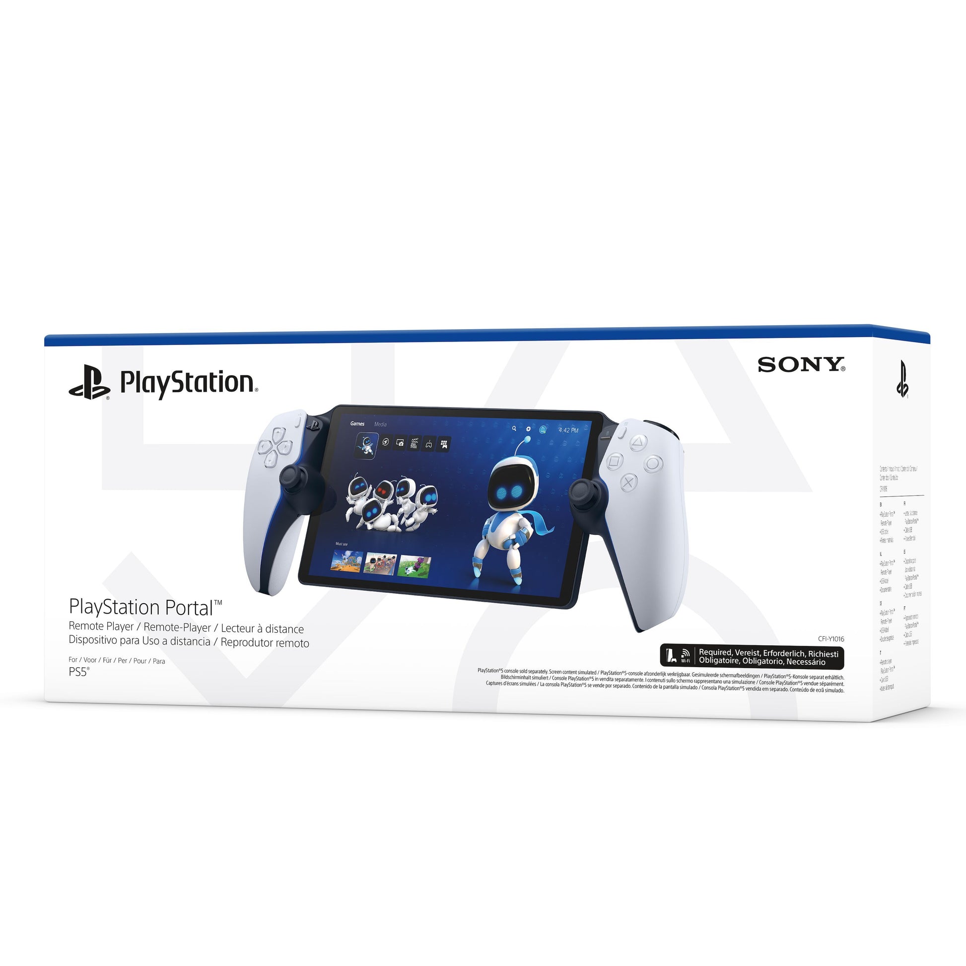 Sony Playstation Portal Fjernspiller æske med hvidt håndholdt apparat, skærm viser Astro's Playroom, blå/hvid emballage.