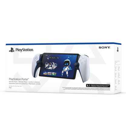 Sony Playstation Portal Fjernspiller æske med hvidt håndholdt apparat, skærm viser Astro's Playroom, blå/hvid emballage.