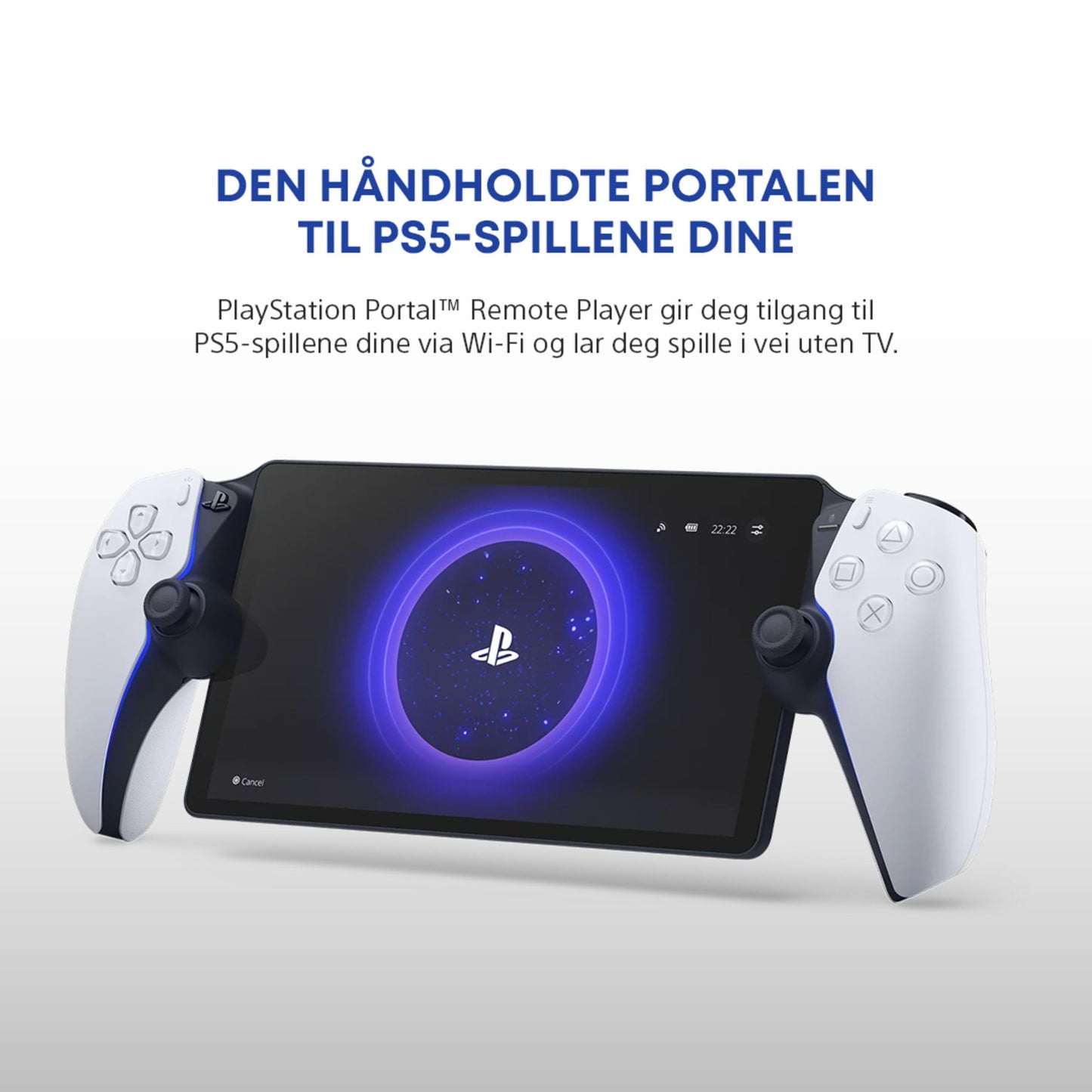 PlayStation Portal Fjernspiller håndholdt, hvide controllere, PlayStation-logo, norsk tekst: portal for fjernspil via Wi-Fi.