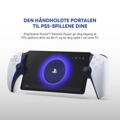 PlayStation Portal Fjernspiller håndholdt, hvide controllere, PlayStation-logo, norsk tekst: portal for fjernspil via Wi-Fi.