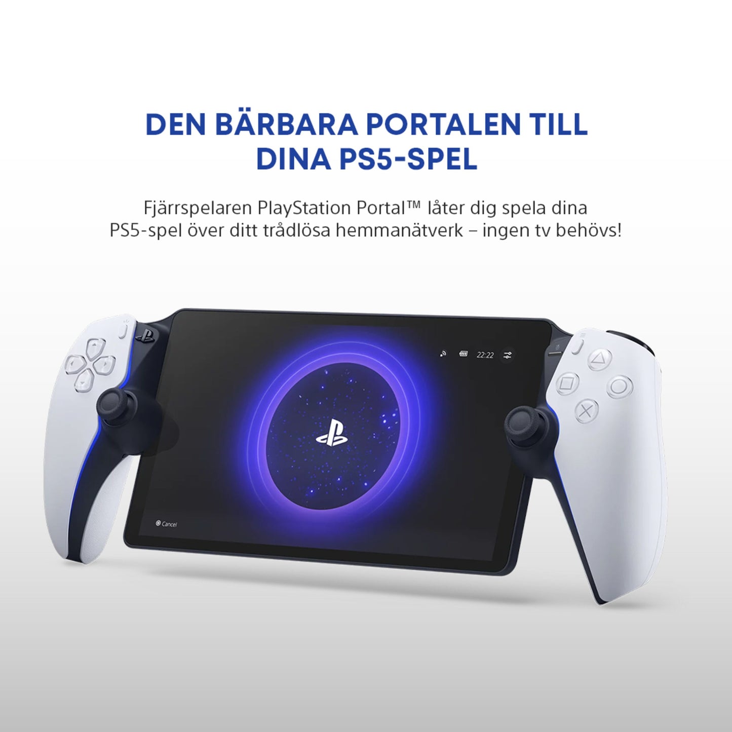 PlayStation Portal Fjernspiller håndholdt enhed med to hvide controllere og blåt PlayStation-logo, svensk tekst om remote play.