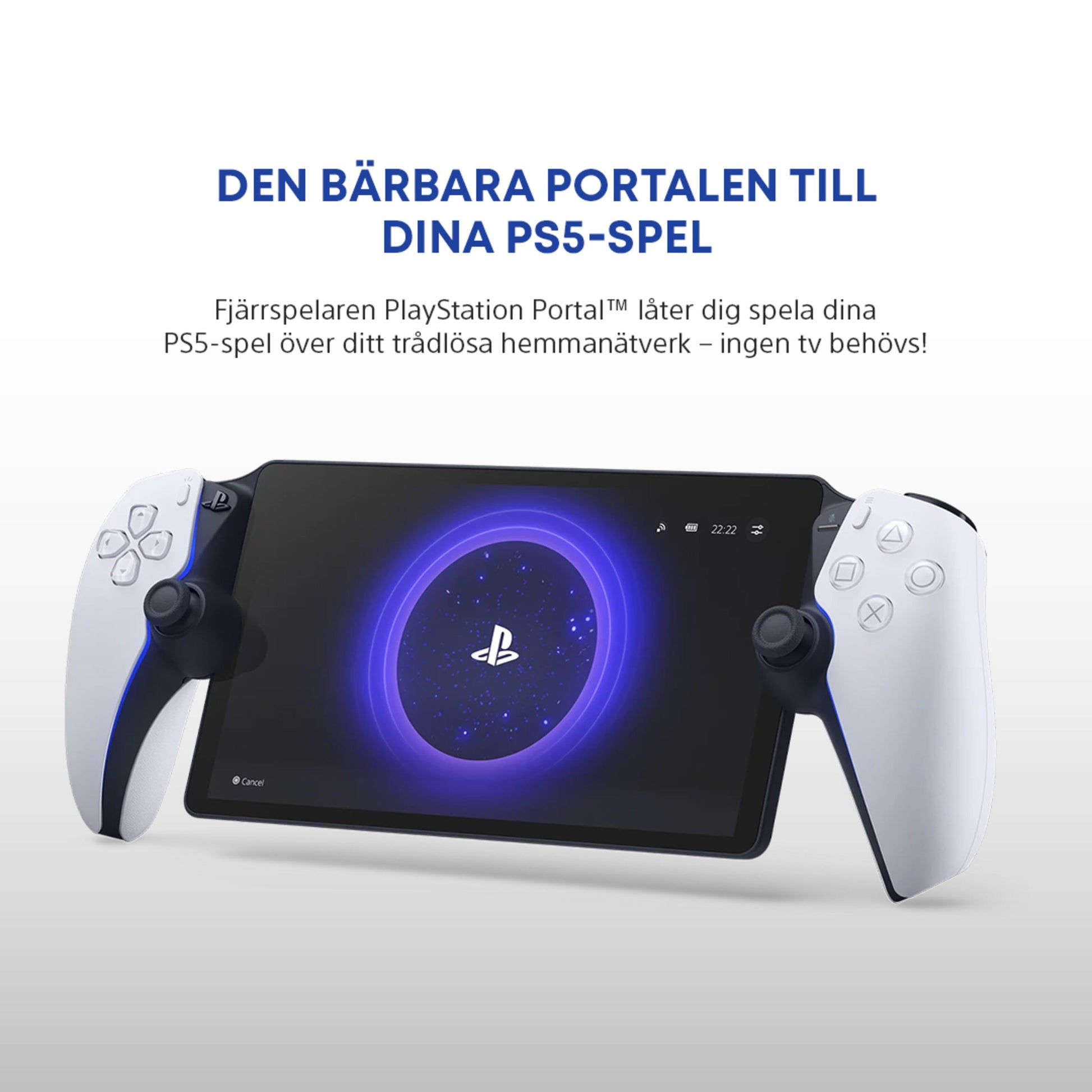 PlayStation Portal Fjernspiller håndholdt enhed med to hvide controllere og blåt PlayStation-logo, svensk tekst om remote play.
