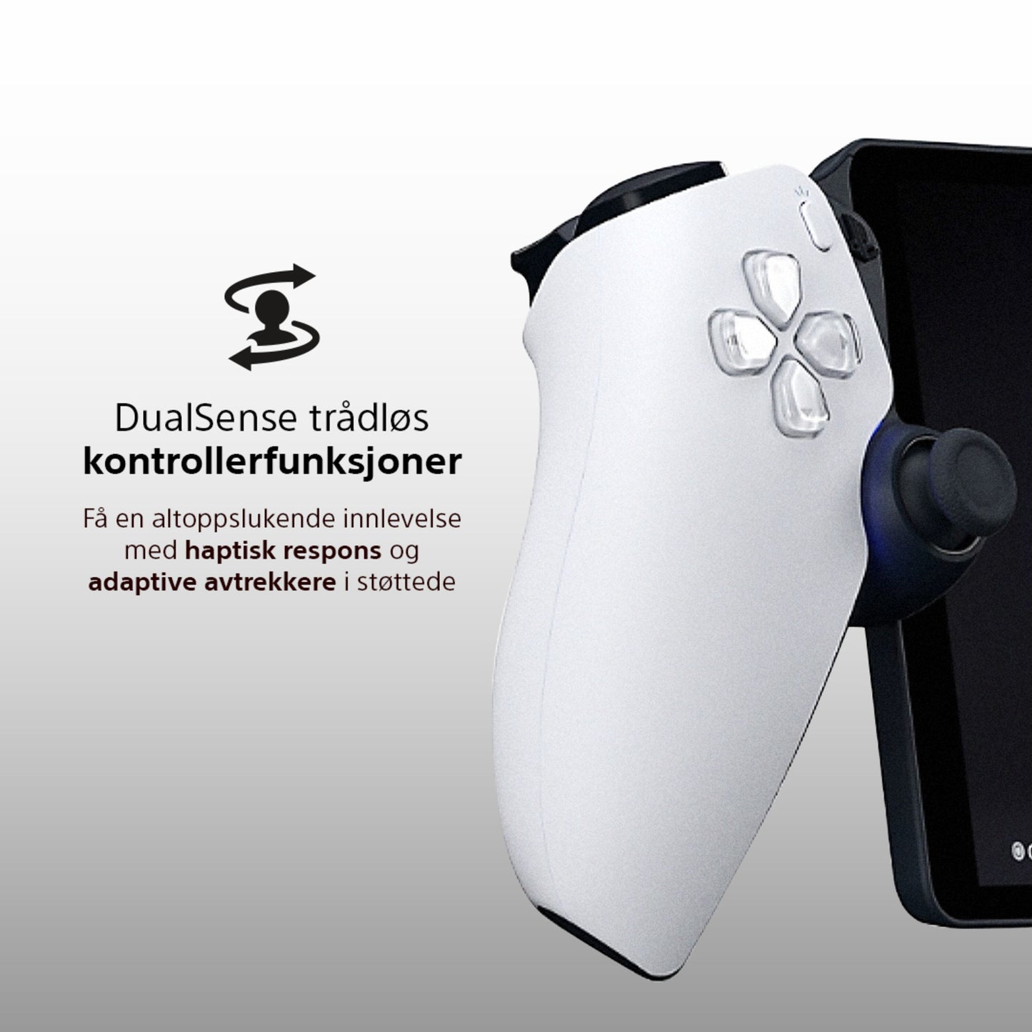 Sony PlayStation Portal fjernspiller med PS5 DualSense controller, norsk tekst fremhæver haptisk feedback og adaptive triggers.