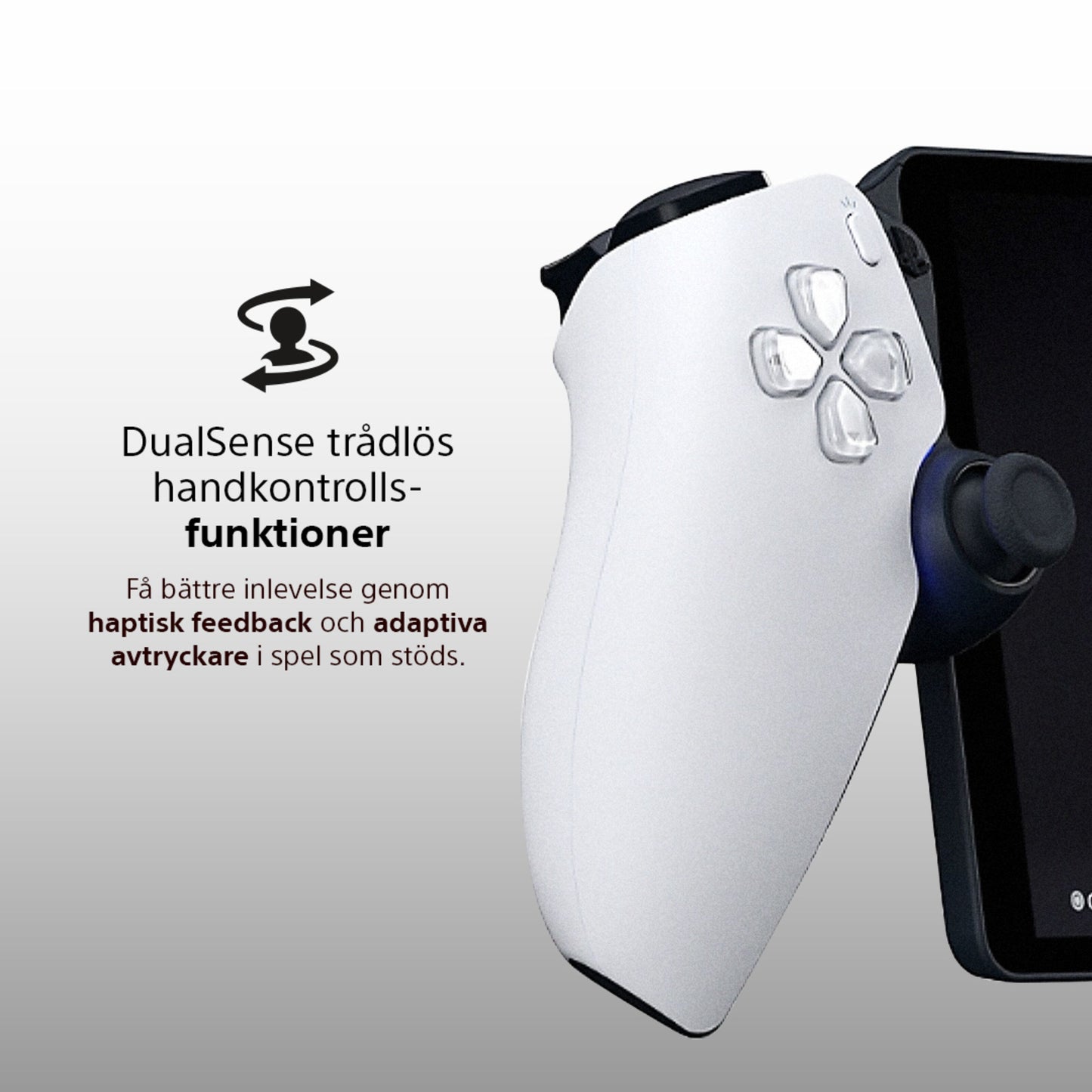 PlayStation Portal Fjernspiller ved side af skærm, svensk tekst fremhæver haptisk feedback, adaptive triggers til PS5.