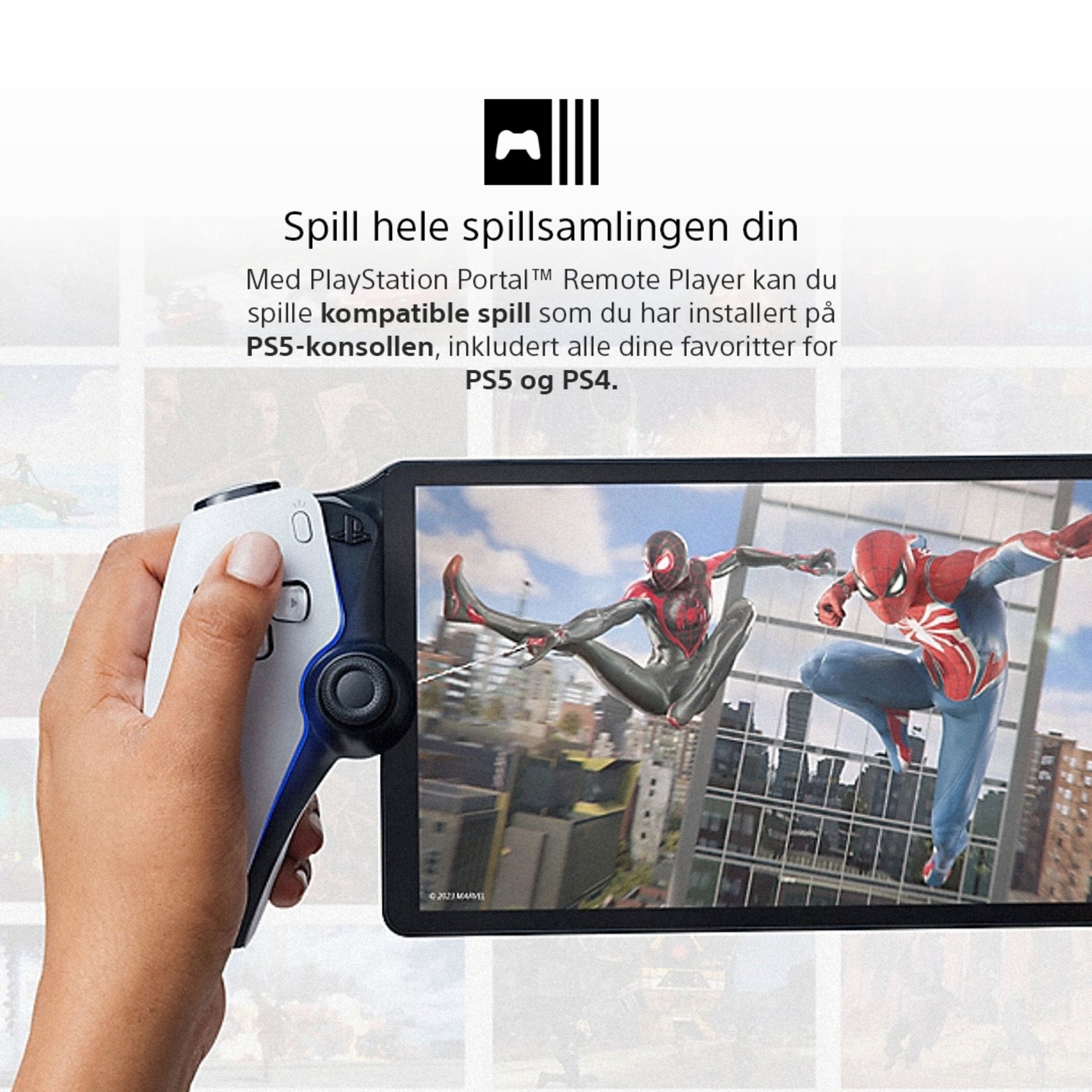 Sony PlayStation Portal Fjernspiller med Spider-Man spil vises, norsk tekst om fjernspil til PS5 og PS4.